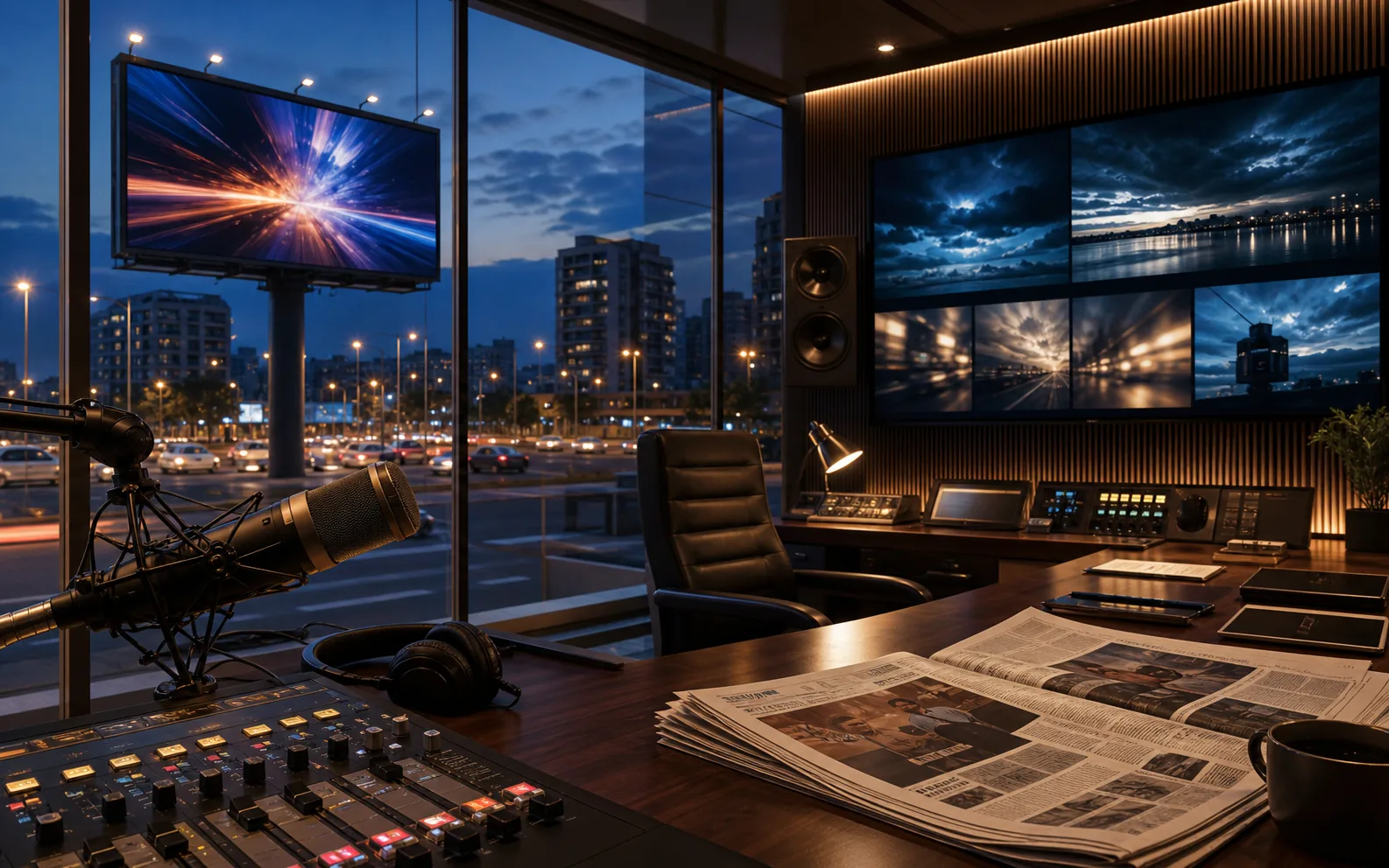 Premium media command studio combining outdoor, radio, television and newspaper advertising