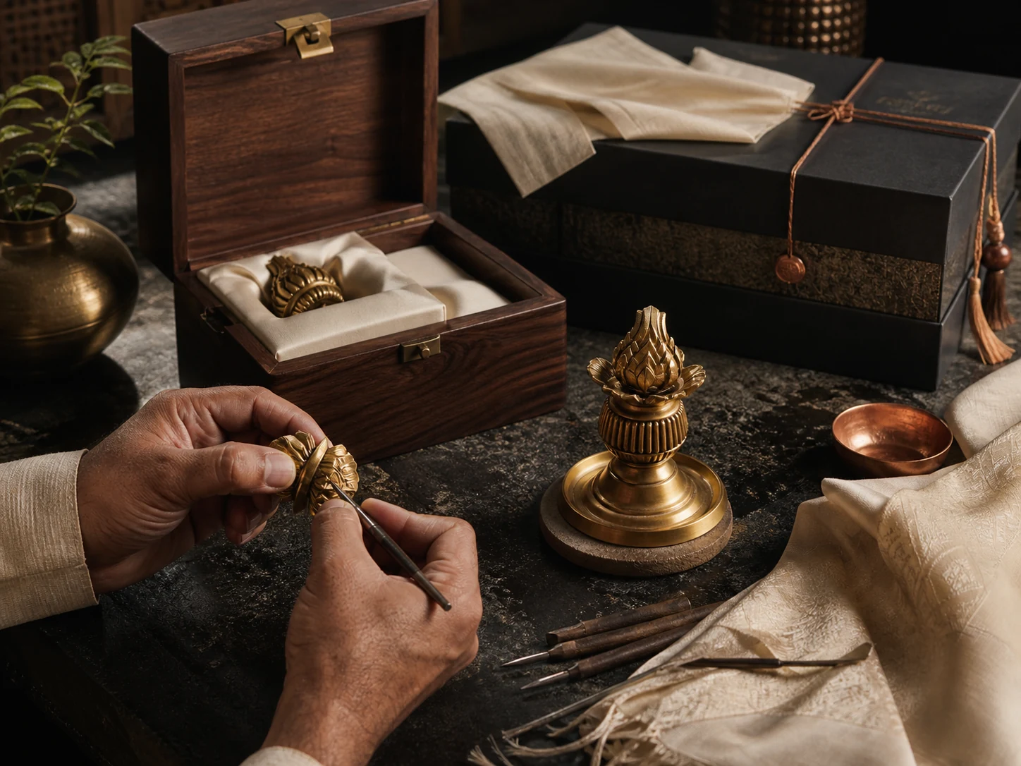 Artisan finishing a bespoke brass object beside premium presentation boxes